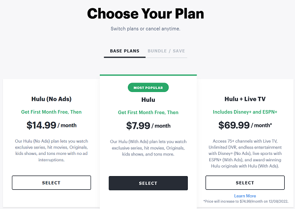 hulu costs subscription plans